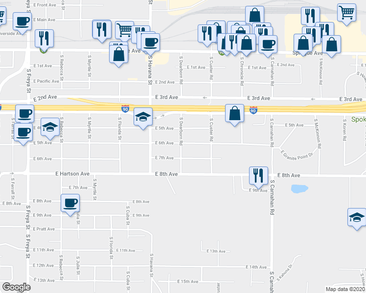 map of restaurants, bars, coffee shops, grocery stores, and more near 4513 East 6th Avenue in Spokane Valley