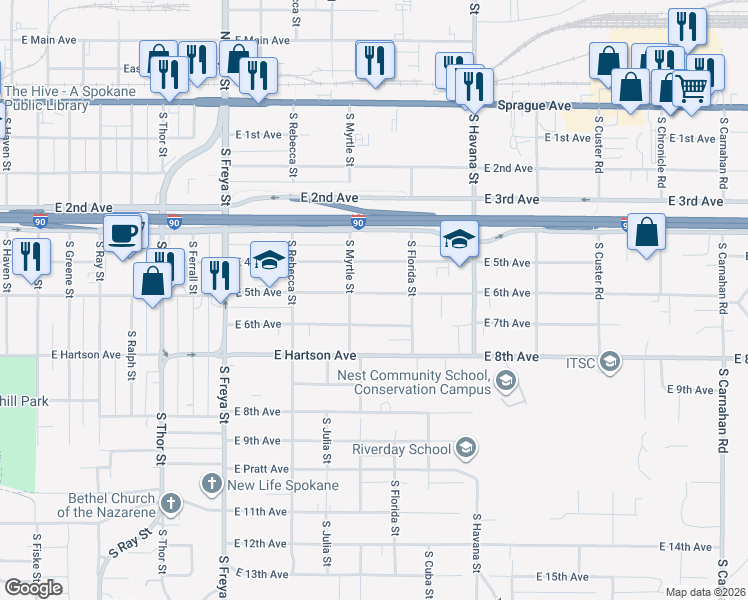 map of restaurants, bars, coffee shops, grocery stores, and more near 4033 East 5th Avenue in Spokane