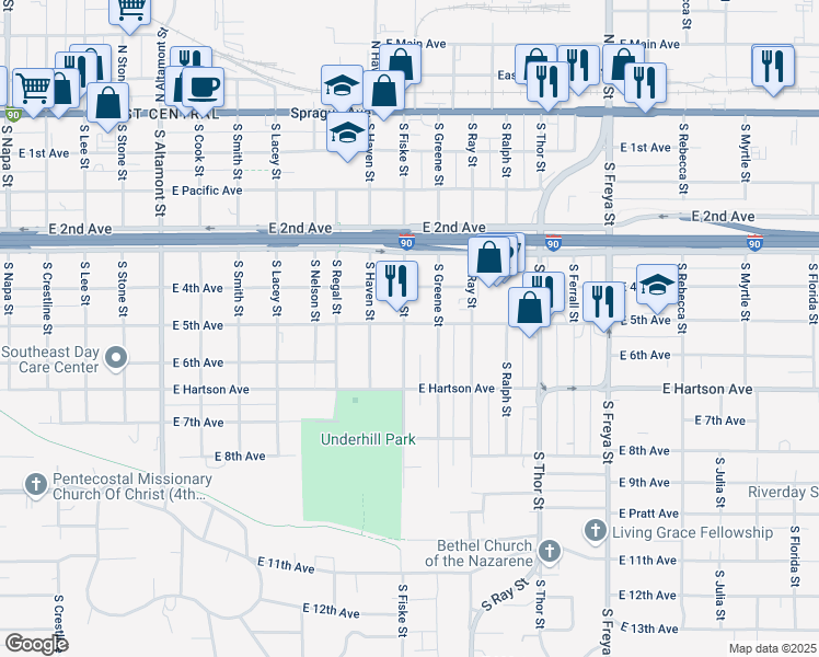 map of restaurants, bars, coffee shops, grocery stores, and more near 424 South Fiske Street in Spokane