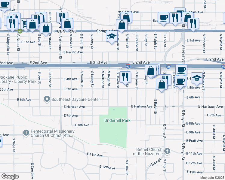 map of restaurants, bars, coffee shops, grocery stores, and more near 424 South Haven Street in Spokane