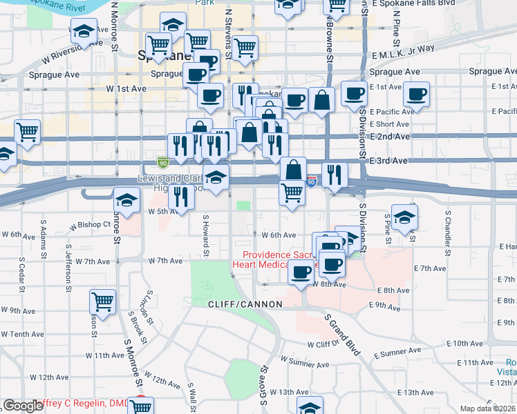 map of restaurants, bars, coffee shops, grocery stores, and more near 307 West 4th Avenue in Spokane