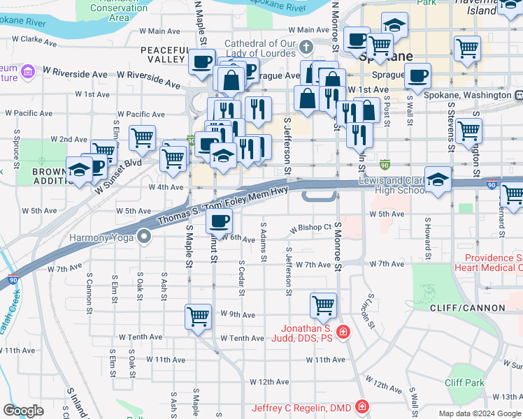 map of restaurants, bars, coffee shops, grocery stores, and more near 400 South Jefferson Street in Spokane
