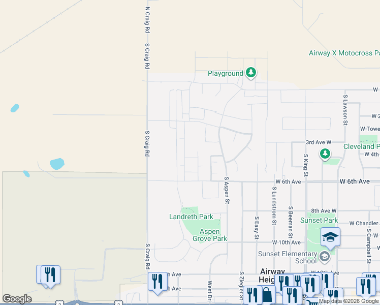 map of restaurants, bars, coffee shops, grocery stores, and more near 380 South Aspen Street in Airway Heights