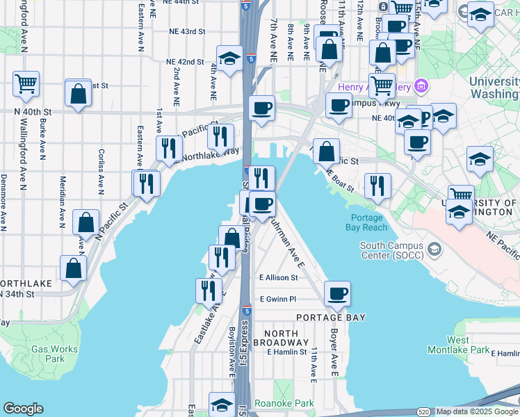 map of restaurants, bars, coffee shops, grocery stores, and more near in Seattle