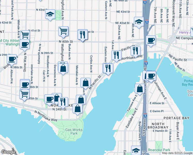 map of restaurants, bars, coffee shops, grocery stores, and more near 2308 North 37th Street in Seattle
