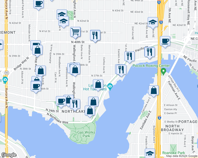 map of restaurants, bars, coffee shops, grocery stores, and more near 3702 Bagley Avenue North in Seattle