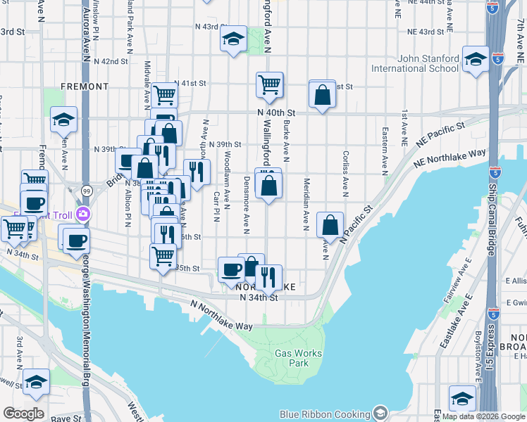map of restaurants, bars, coffee shops, grocery stores, and more near 3700 Densmore Avenue North in Seattle