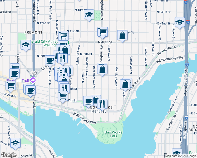 map of restaurants, bars, coffee shops, grocery stores, and more near 3700 Densmore Avenue North in Seattle