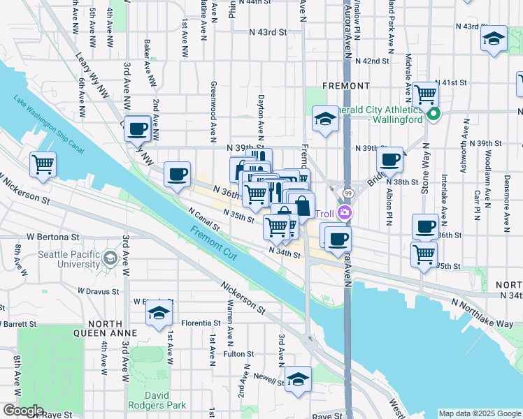 map of restaurants, bars, coffee shops, grocery stores, and more near 508 North 36th Street in Seattle