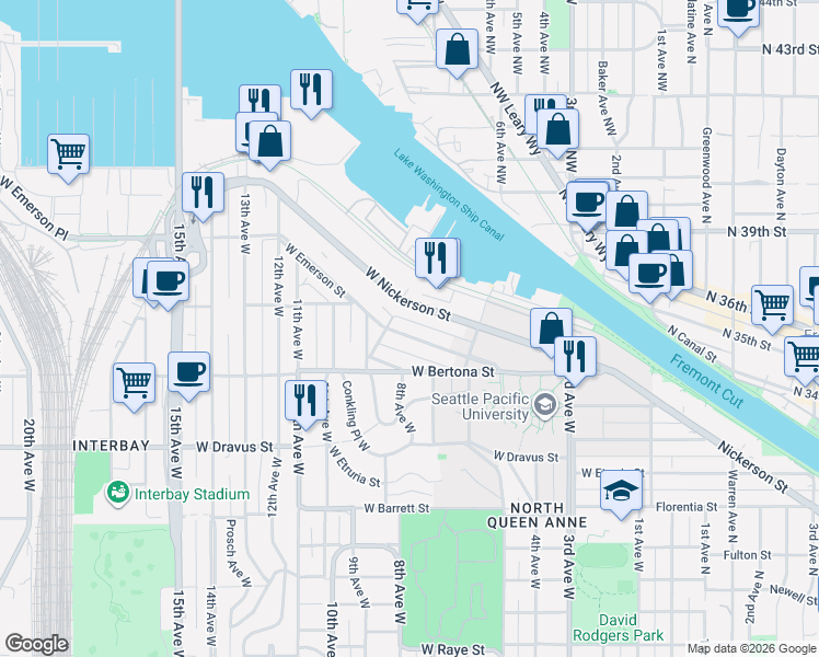 map of restaurants, bars, coffee shops, grocery stores, and more near 661 West Nickerson Street in Seattle