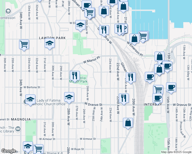 map of restaurants, bars, coffee shops, grocery stores, and more near 3451 24th Avenue West in Seattle