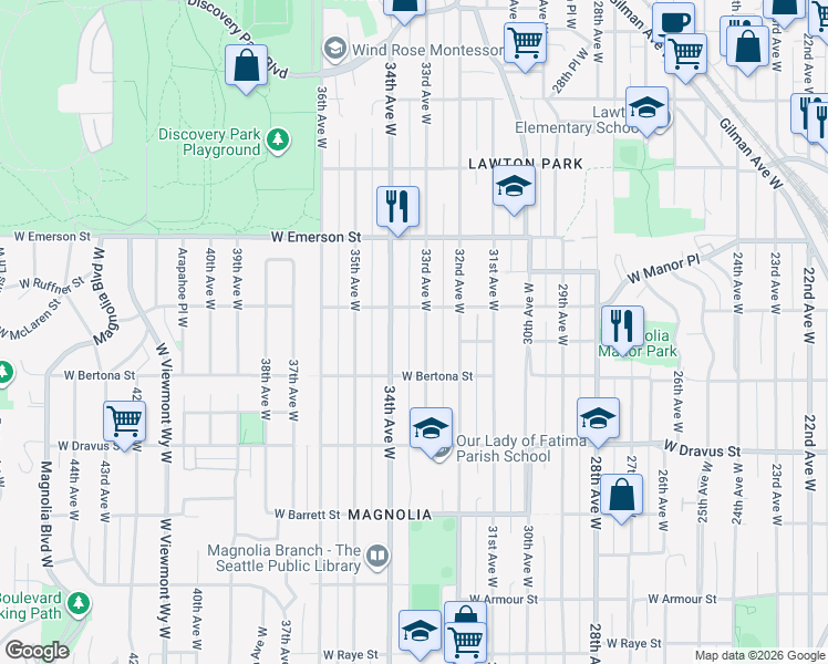 map of restaurants, bars, coffee shops, grocery stores, and more near 3451 33rd Avenue West in Seattle
