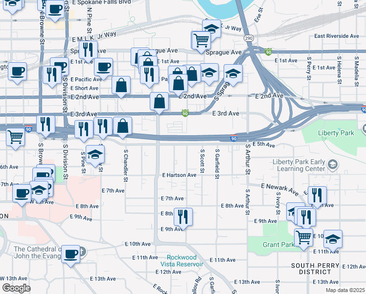 map of restaurants, bars, coffee shops, grocery stores, and more near 620 East 5th Avenue in Spokane