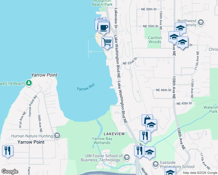 map of restaurants, bars, coffee shops, grocery stores, and more near 4561 Lake Washington Boulevard Northeast in Kirkland