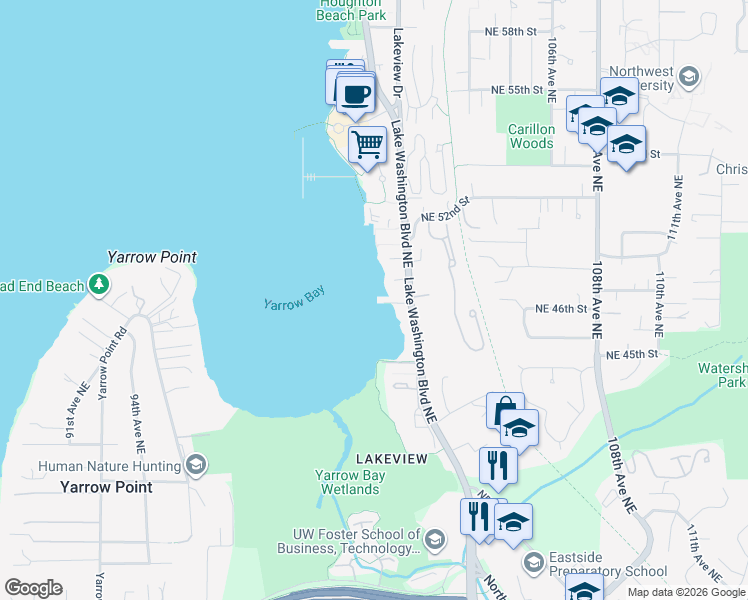 map of restaurants, bars, coffee shops, grocery stores, and more near 4561 Lake Washington Boulevard Northeast in Kirkland