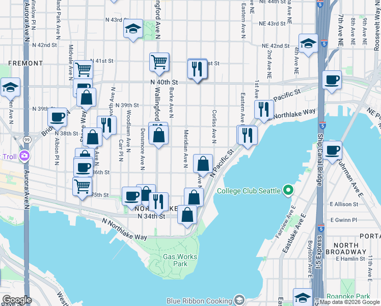 map of restaurants, bars, coffee shops, grocery stores, and more near 3703 Meridian Avenue North in Seattle
