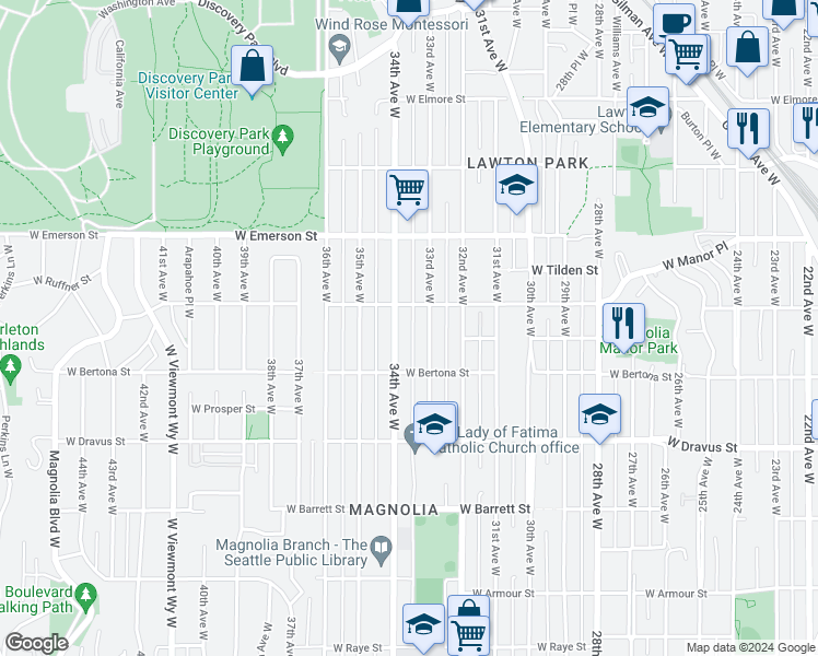 map of restaurants, bars, coffee shops, grocery stores, and more near 3440 34th Avenue West in Seattle