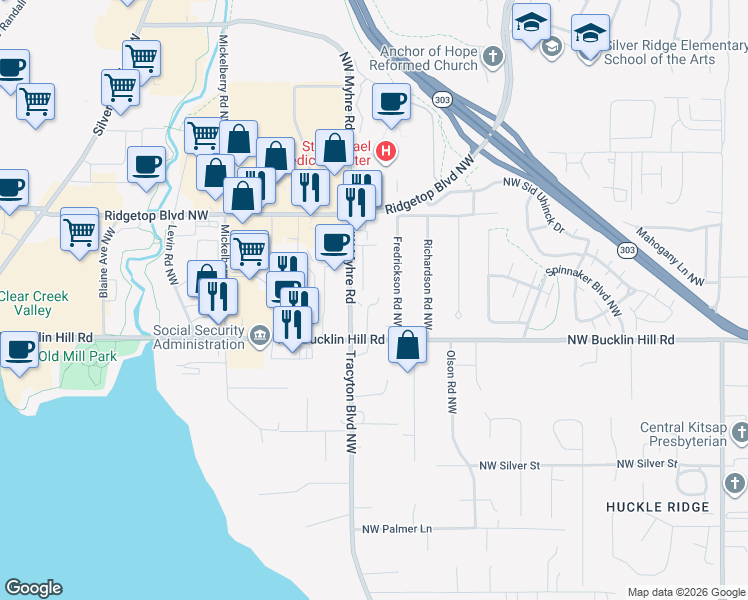 map of restaurants, bars, coffee shops, grocery stores, and more near 1976 Northwest Bucklin Hill Road in Bremerton