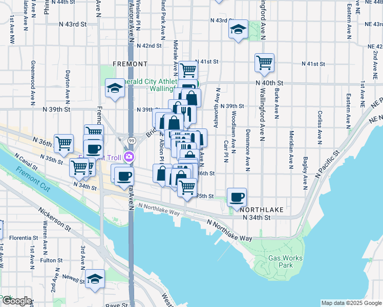 map of restaurants, bars, coffee shops, grocery stores, and more near 3647 Stone Way North in Seattle