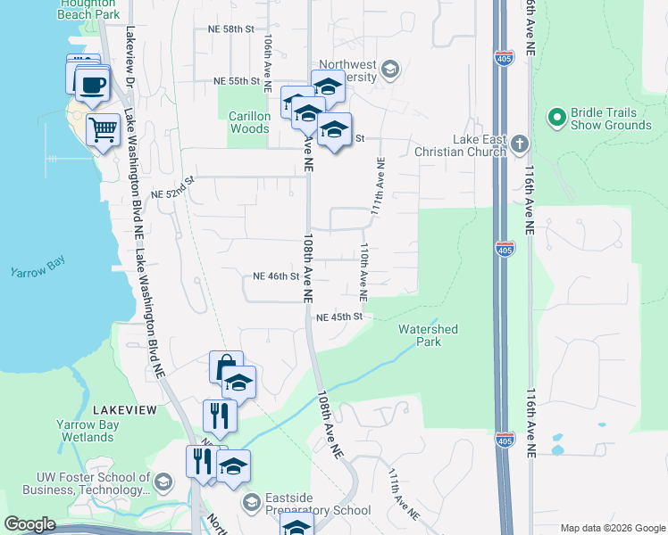map of restaurants, bars, coffee shops, grocery stores, and more near 10849 Northeast 47th Street in Kirkland