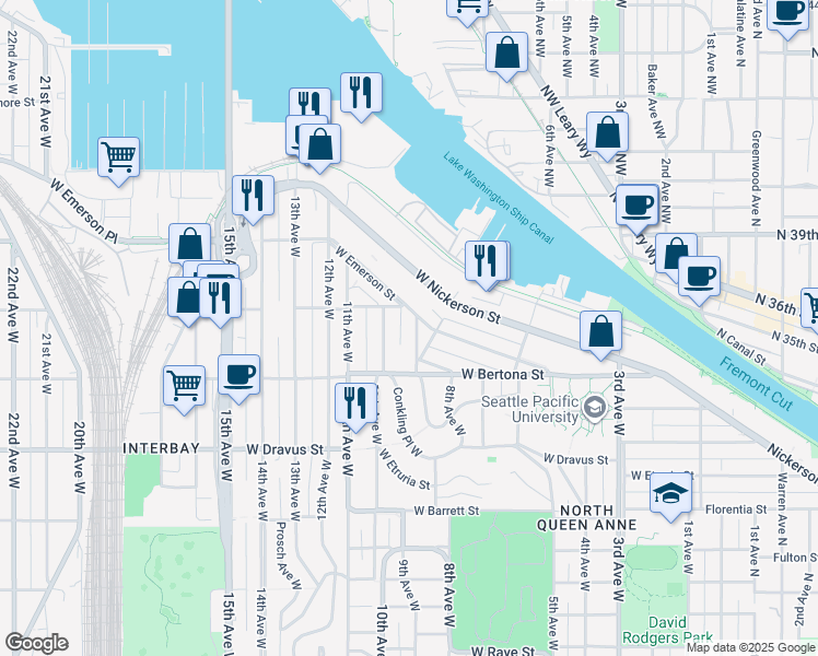 map of restaurants, bars, coffee shops, grocery stores, and more near 3439 9th Avenue West in Seattle