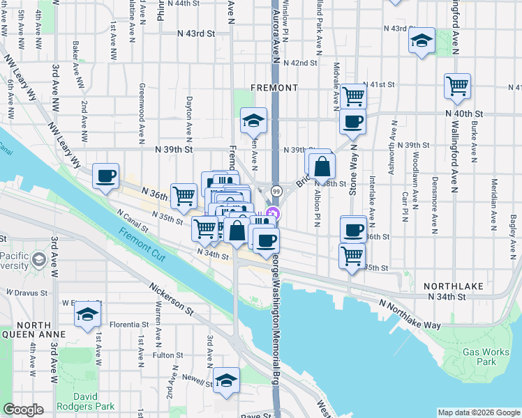 map of restaurants, bars, coffee shops, grocery stores, and more near 3614 Linden Avenue North in Seattle