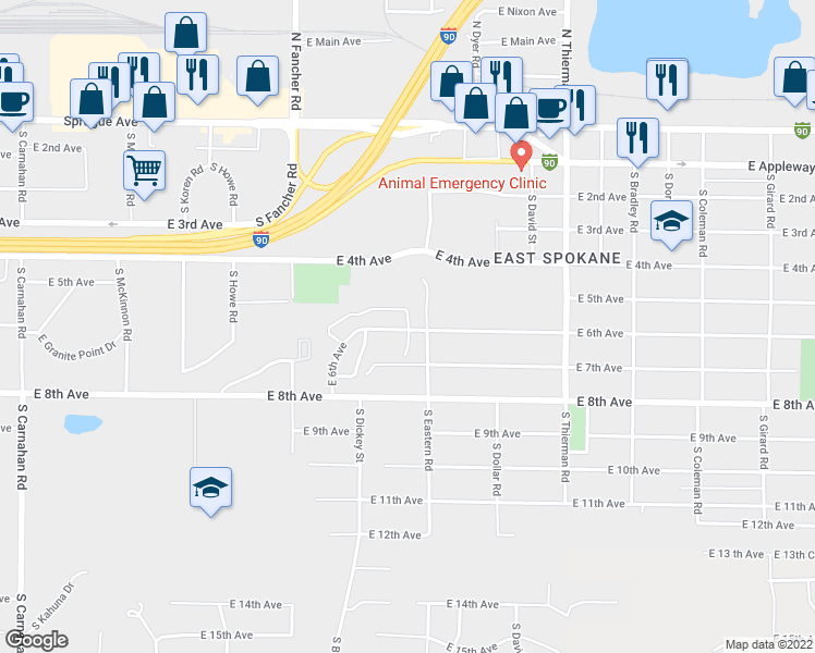 map of restaurants, bars, coffee shops, grocery stores, and more near 6121 East 6th Avenue in Spokane Valley
