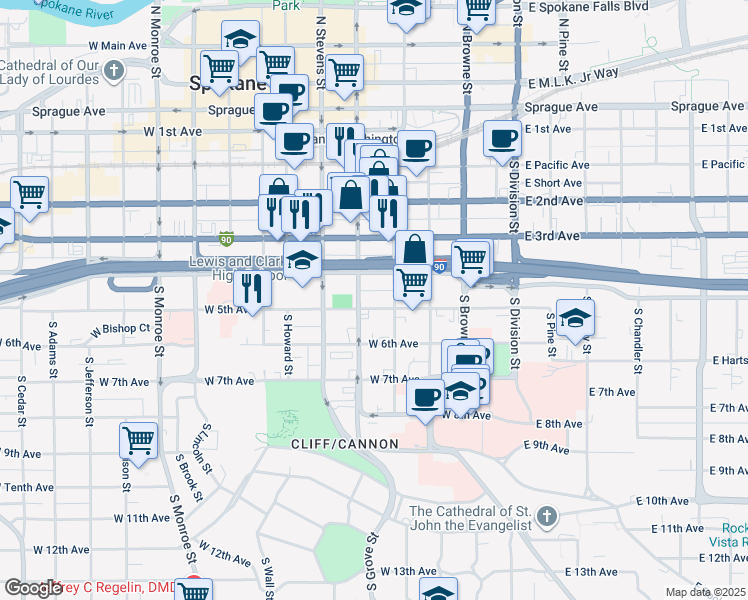 map of restaurants, bars, coffee shops, grocery stores, and more near 307 West 4th Avenue in Spokane