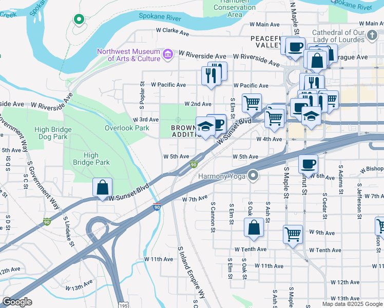 map of restaurants, bars, coffee shops, grocery stores, and more near 2124 West 5th Avenue in Spokane