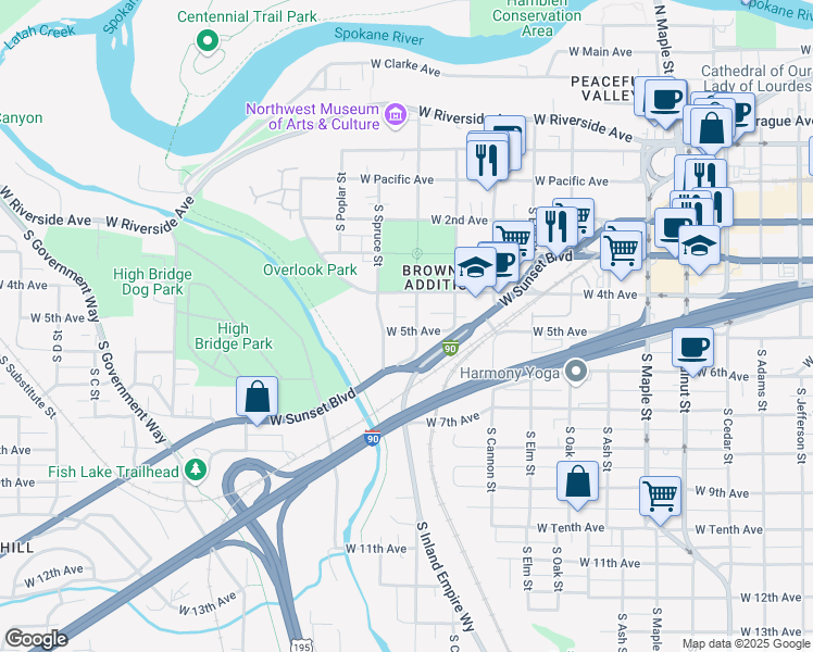 map of restaurants, bars, coffee shops, grocery stores, and more near 418 South Hemlock Street in Spokane
