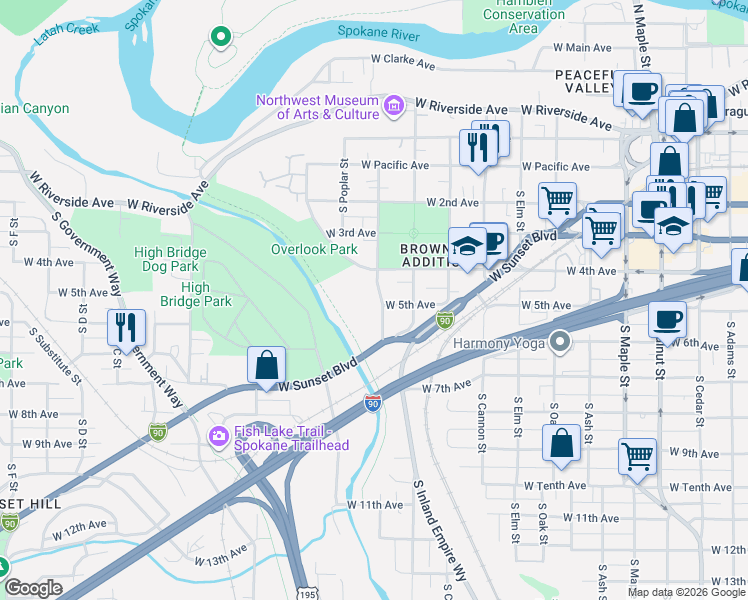 map of restaurants, bars, coffee shops, grocery stores, and more near 416 South Coeur d'Alene Street in Spokane