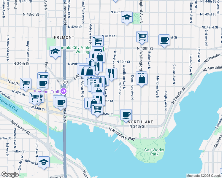 map of restaurants, bars, coffee shops, grocery stores, and more near 3648 Ashworth Avenue North in Seattle