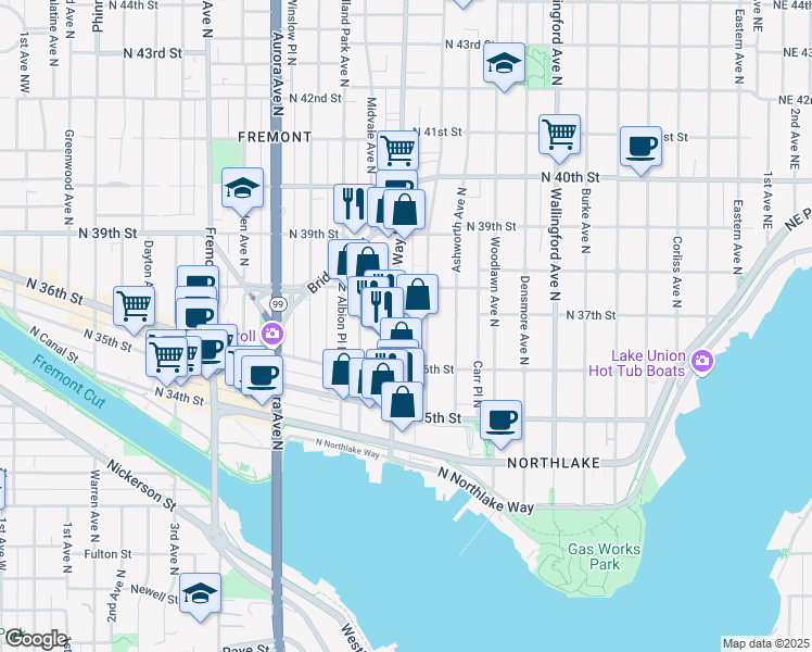 map of restaurants, bars, coffee shops, grocery stores, and more near 3651 Interlake Avenue North in Seattle
