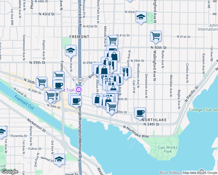 map of restaurants, bars, coffee shops, grocery stores, and more near 3647 Stone Way North in Seattle