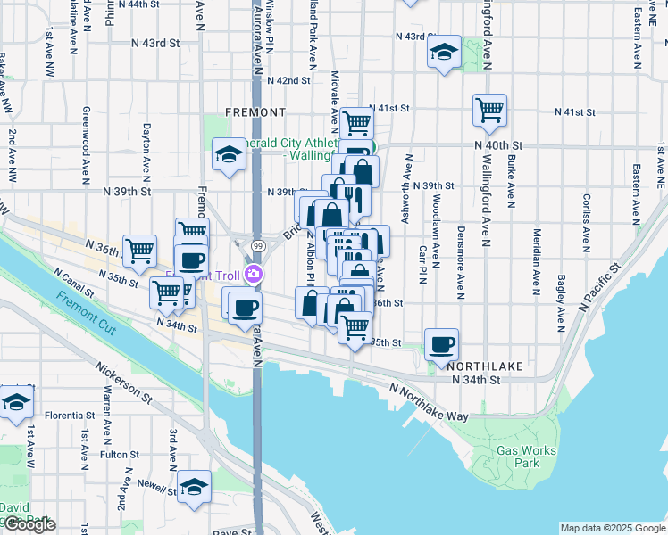 map of restaurants, bars, coffee shops, grocery stores, and more near 3647 Stone Way North in Seattle