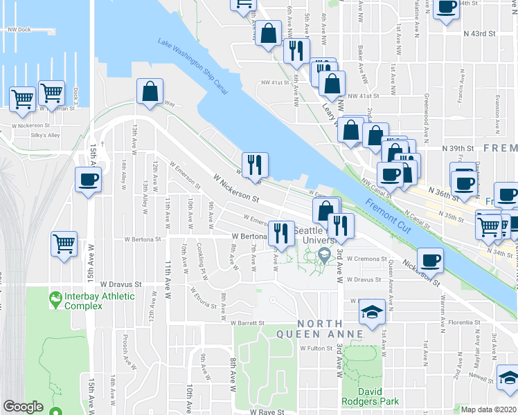 map of restaurants, bars, coffee shops, grocery stores, and more near 626 West Nickerson Street in Seattle