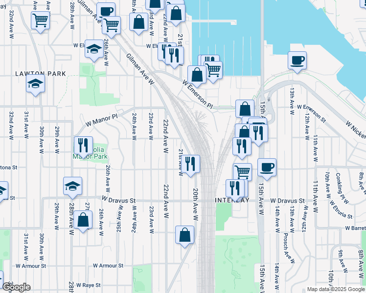 map of restaurants, bars, coffee shops, grocery stores, and more near 3477 21st Avenue West in Seattle