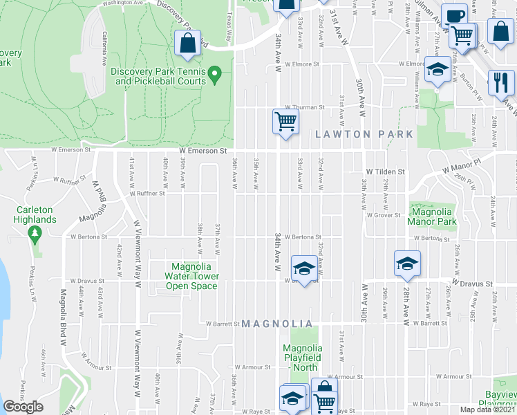 map of restaurants, bars, coffee shops, grocery stores, and more near 3409 West Ruffner Street in Seattle
