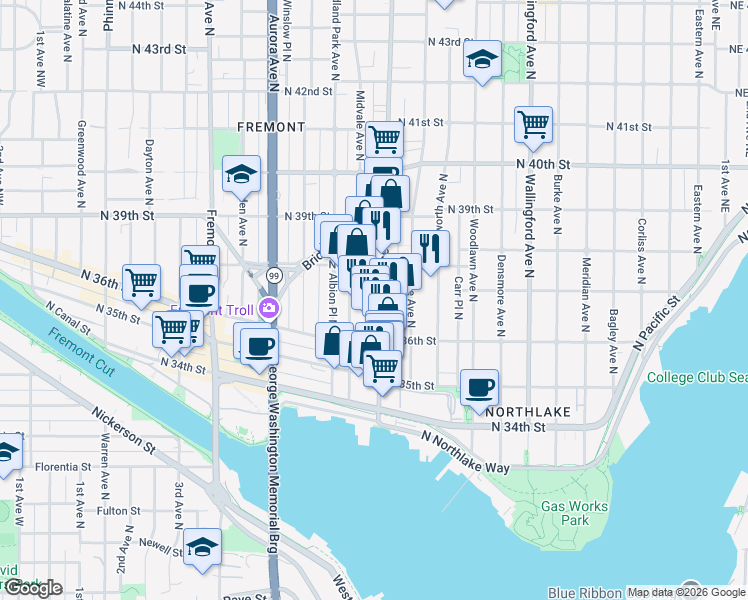 map of restaurants, bars, coffee shops, grocery stores, and more near 3647 Stone Way North in Seattle