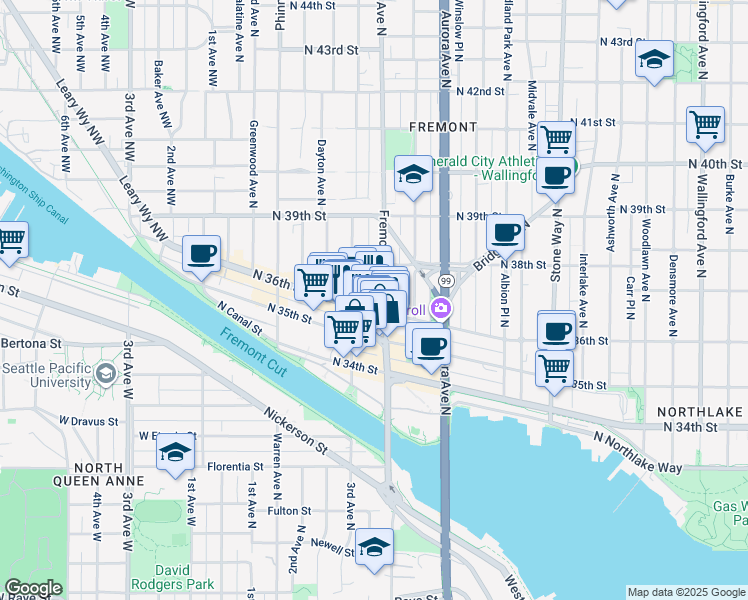 map of restaurants, bars, coffee shops, grocery stores, and more near 3614 Evanston Avenue North in Seattle