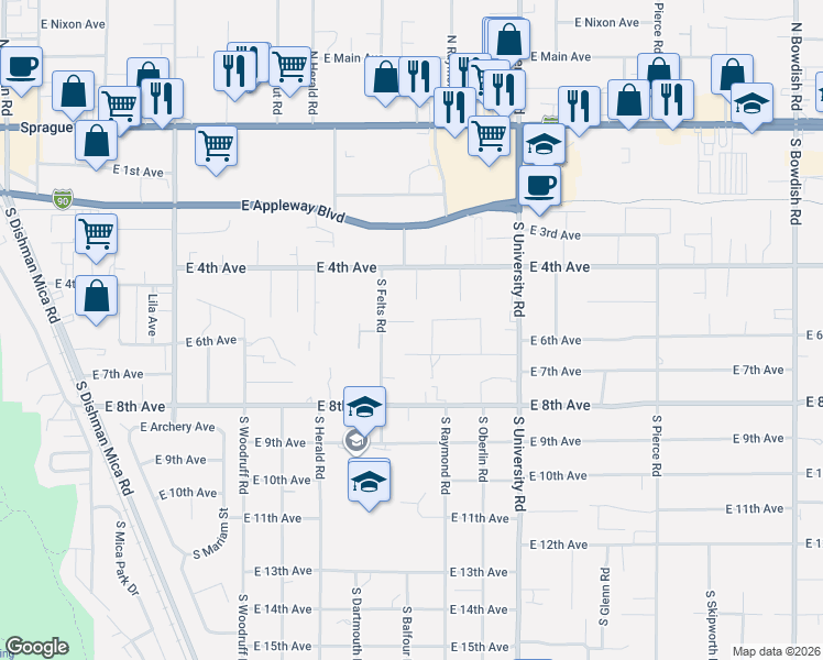 map of restaurants, bars, coffee shops, grocery stores, and more near 10329 East 5th Lane in Spokane Valley