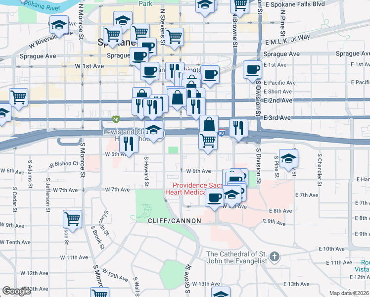 map of restaurants, bars, coffee shops, grocery stores, and more near 423 South Washington Street in Spokane