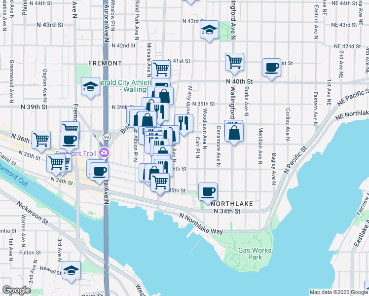 map of restaurants, bars, coffee shops, grocery stores, and more near 3641 Ashworth Avenue North in Seattle