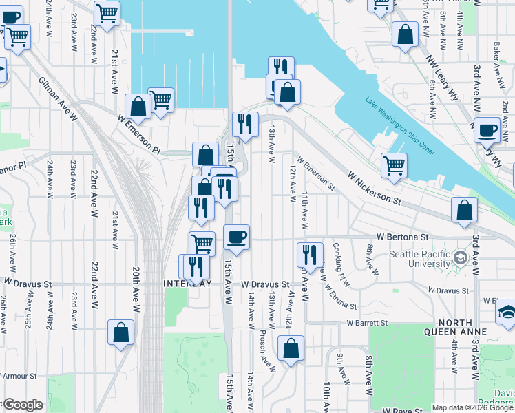 map of restaurants, bars, coffee shops, grocery stores, and more near 3448 14th Avenue West in Seattle