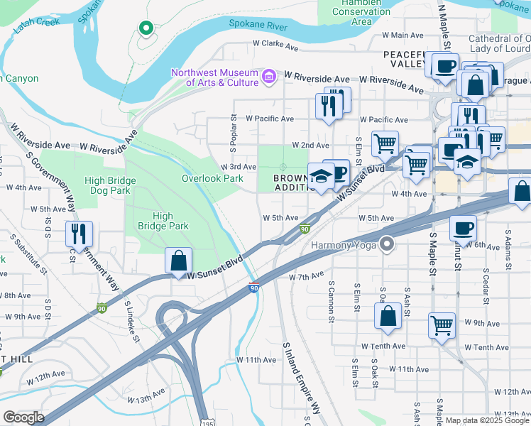 map of restaurants, bars, coffee shops, grocery stores, and more near 418 South Hemlock Street in Spokane