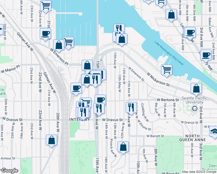map of restaurants, bars, coffee shops, grocery stores, and more near 3448 14th Avenue West in Seattle