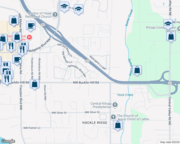map of restaurants, bars, coffee shops, grocery stores, and more near 9693 Long Point Lane Northwest in Silverdale