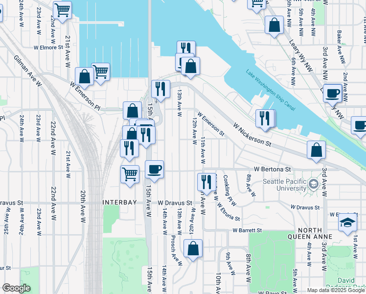 map of restaurants, bars, coffee shops, grocery stores, and more near 3446 13th Avenue West in Seattle