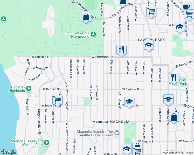 map of restaurants, bars, coffee shops, grocery stores, and more near 3450 37th Avenue West in Seattle