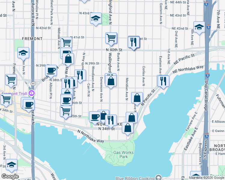 map of restaurants, bars, coffee shops, grocery stores, and more near 3701 Burke Avenue North in Seattle
